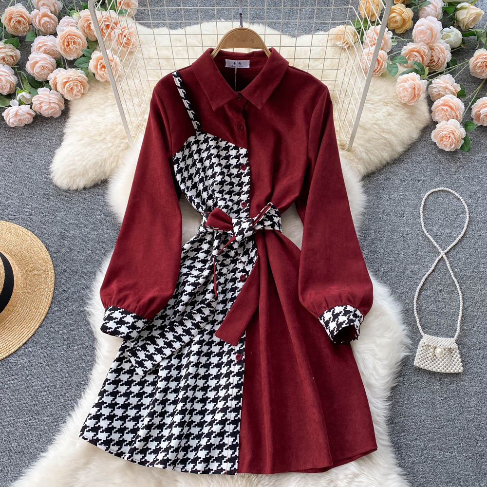 Stylish Houndstooth Contrast Long Sleeve Dress     S224