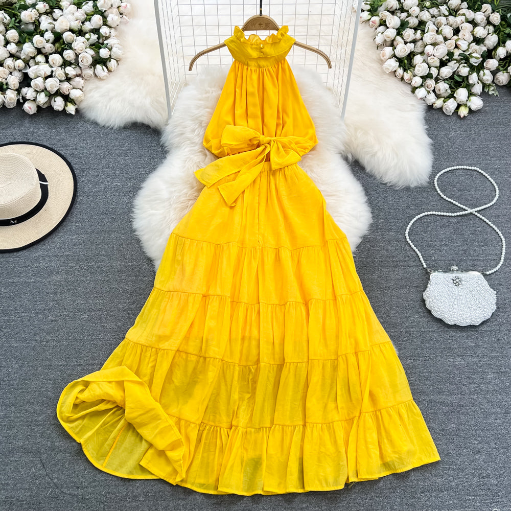 Yellow A line short dress fashion dress   S377