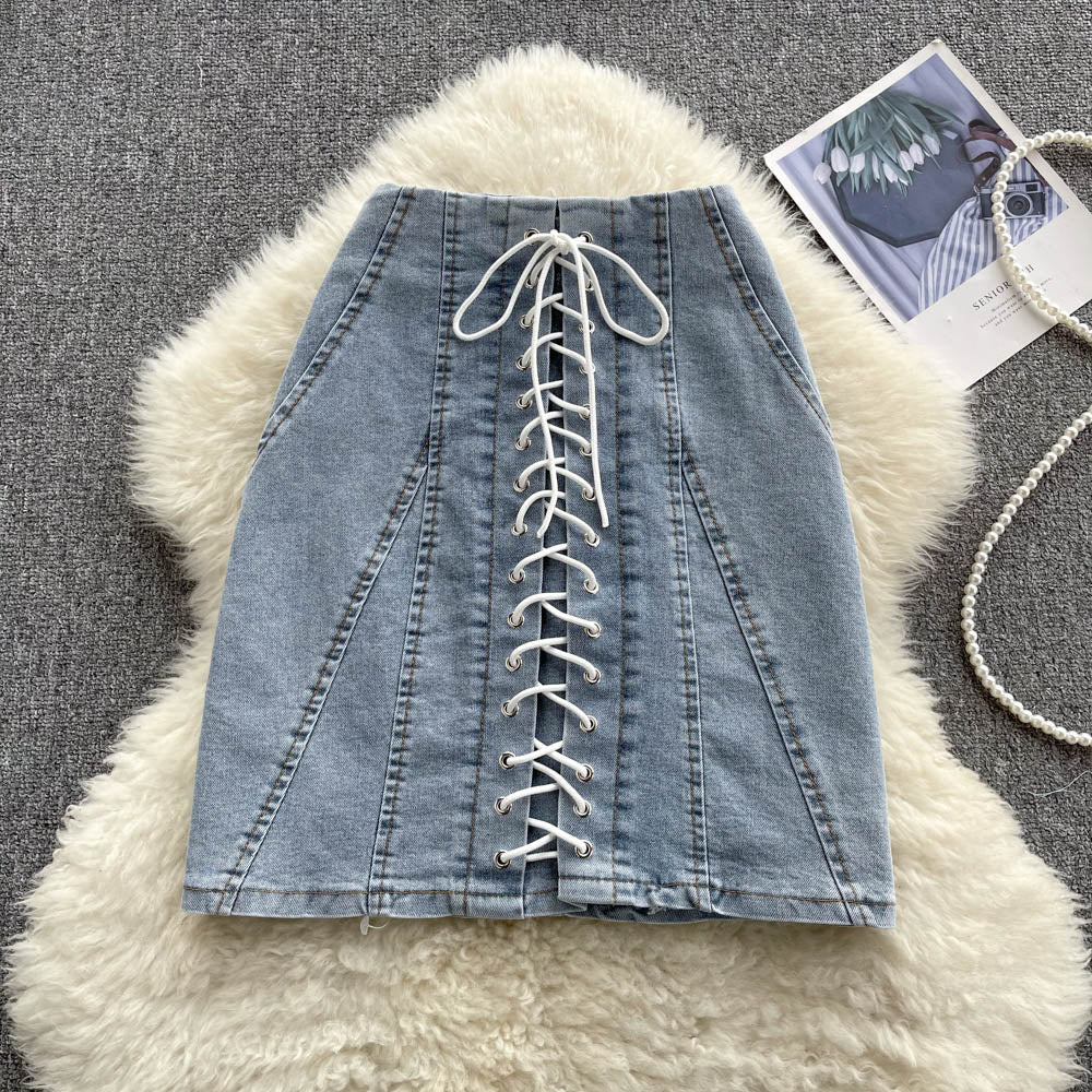 Stylish denim short skirt lace- up dress     S456