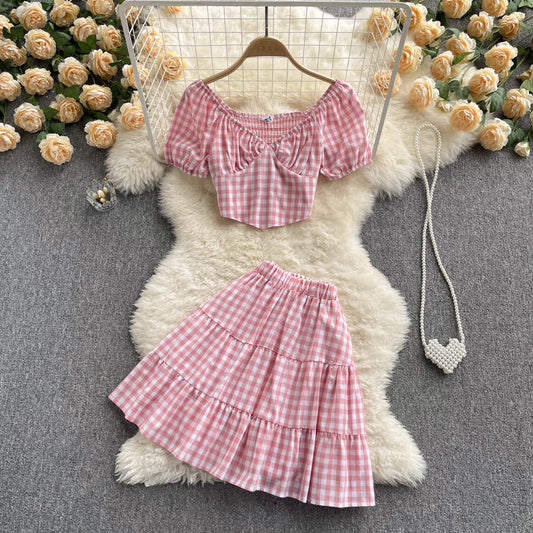 Cute Plaid Two Piece Dress A Line Fashion Dress     S458