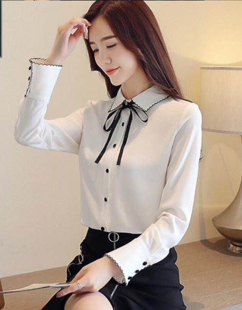 Cute Bow Knot White Long Sleeve Chiffon Blouse       S546