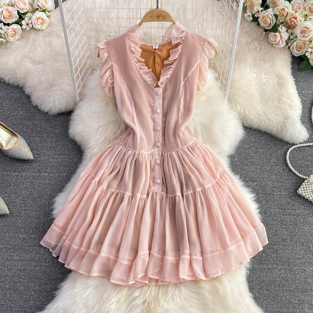 Pink v neck tulle short dress fashion dress   S334