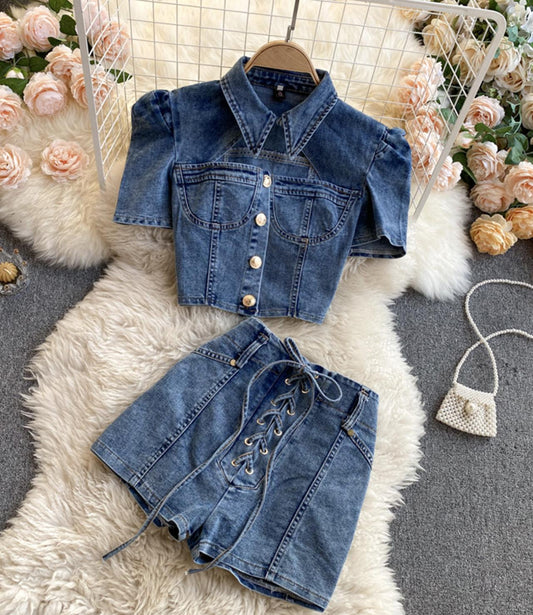 Stylish two-piece suit denim tops + short lace up shorts  S59