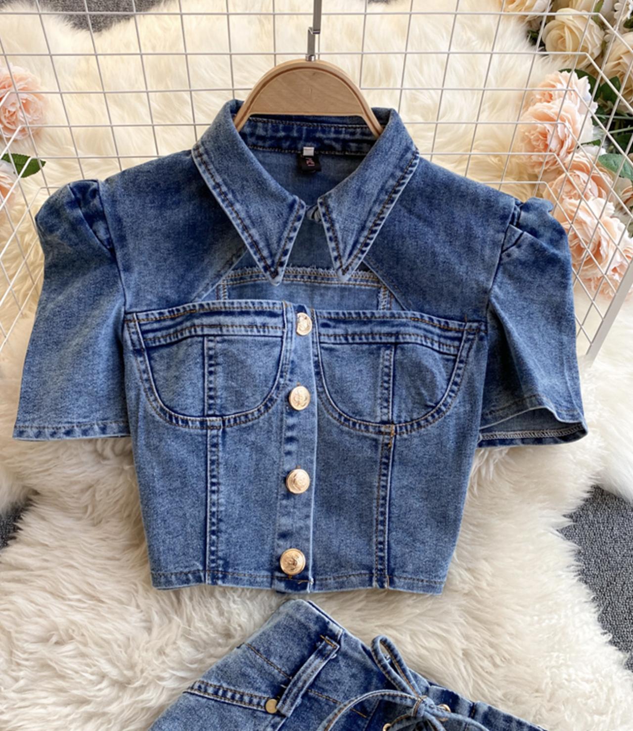 Stylish two-piece suit denim tops + short lace up shorts  S59