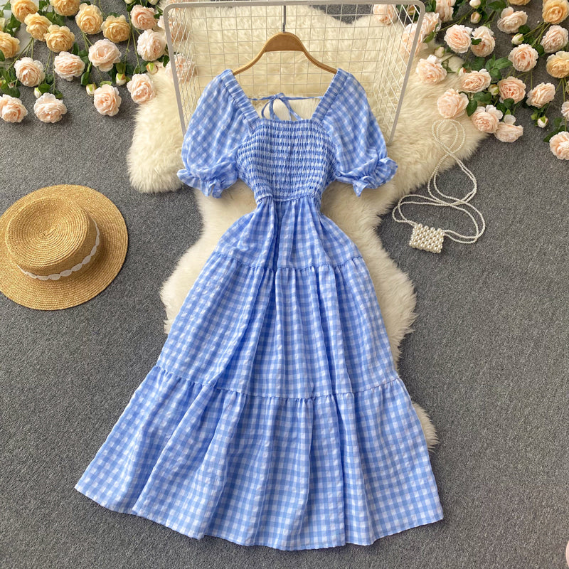 Sweet Plaid Short Sleeve Dress A line Fahion Dress    S460