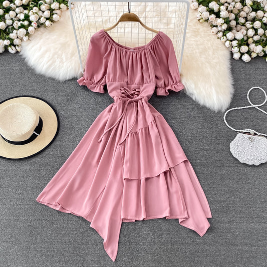 Simple lace-up dress with irregular dress       S508