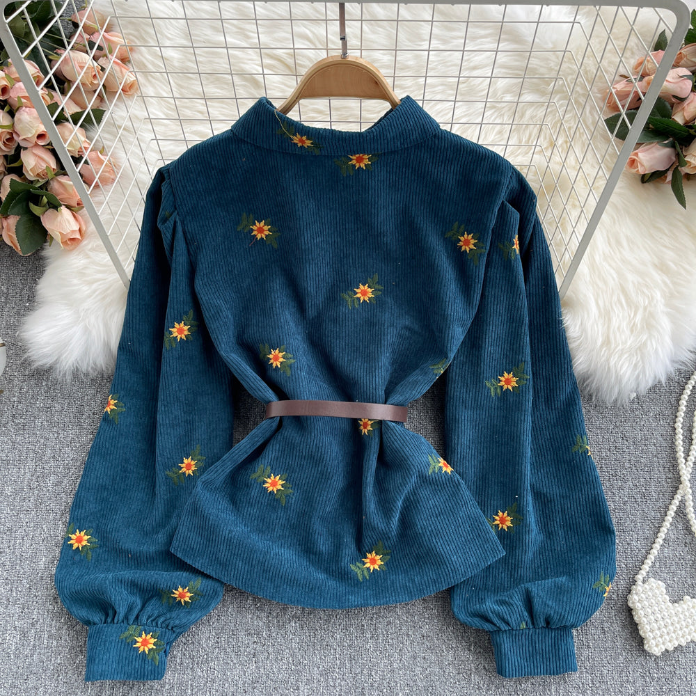 Lovely corduroy embroidered long-sleeved shirt    S517