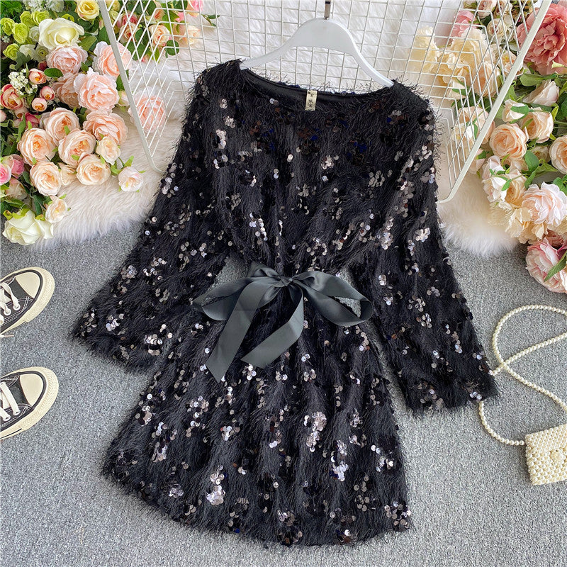 Cute sequins short dress long sleeve fashion dress   S479