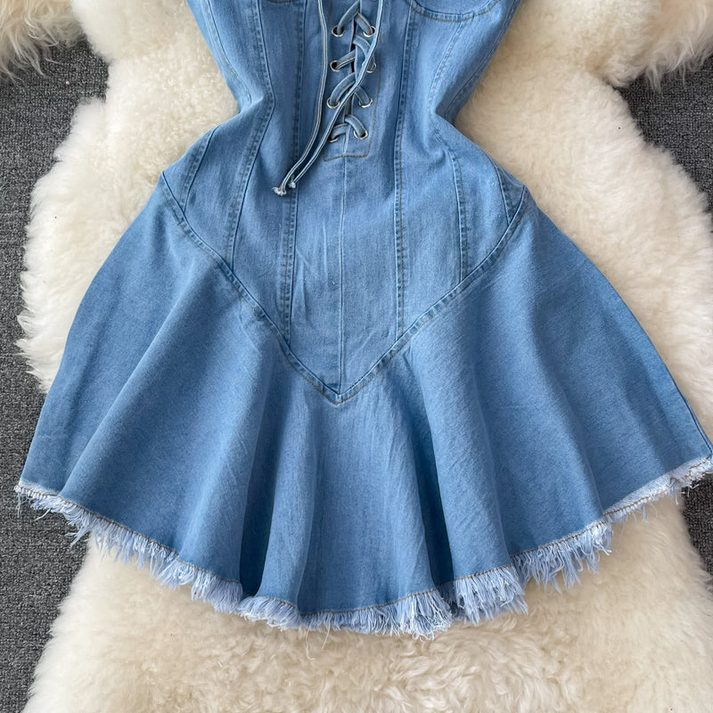 Cute lace-up denim dress A line fashion dress      S505