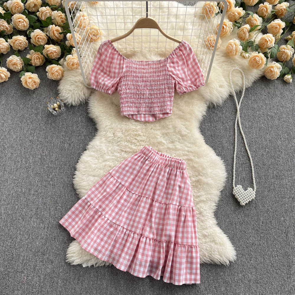 Cute Plaid Two Piece Dress A Line Fashion Dress     S458