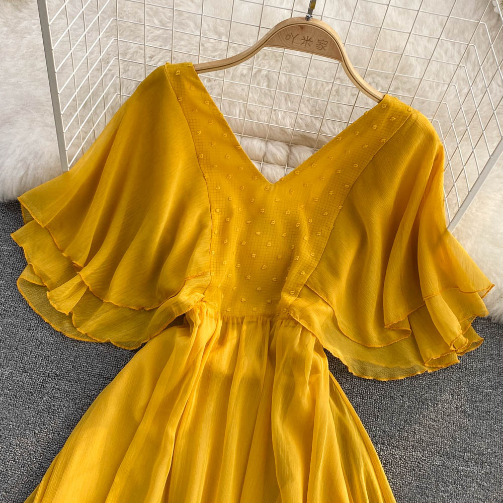 Yellow chiffon A line dress yellow fashion dress    S189