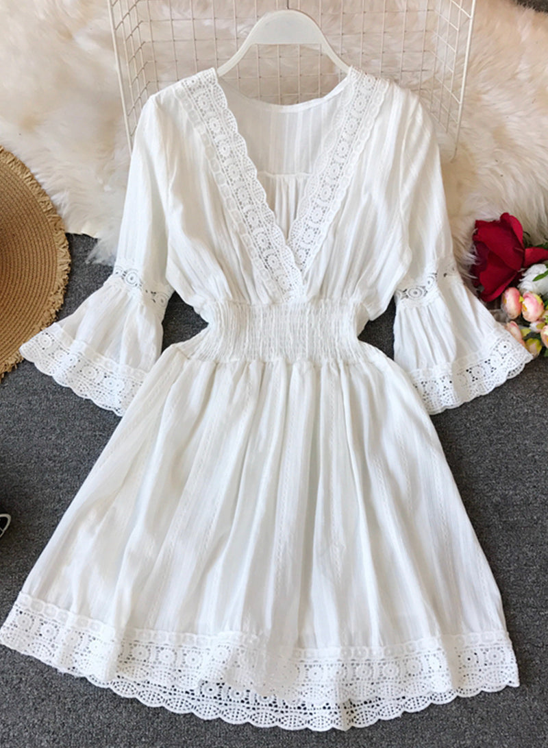 A line white hollow lace dress summer dress    S132