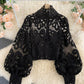 Stylish hollow lace top puff sleeve top   S107