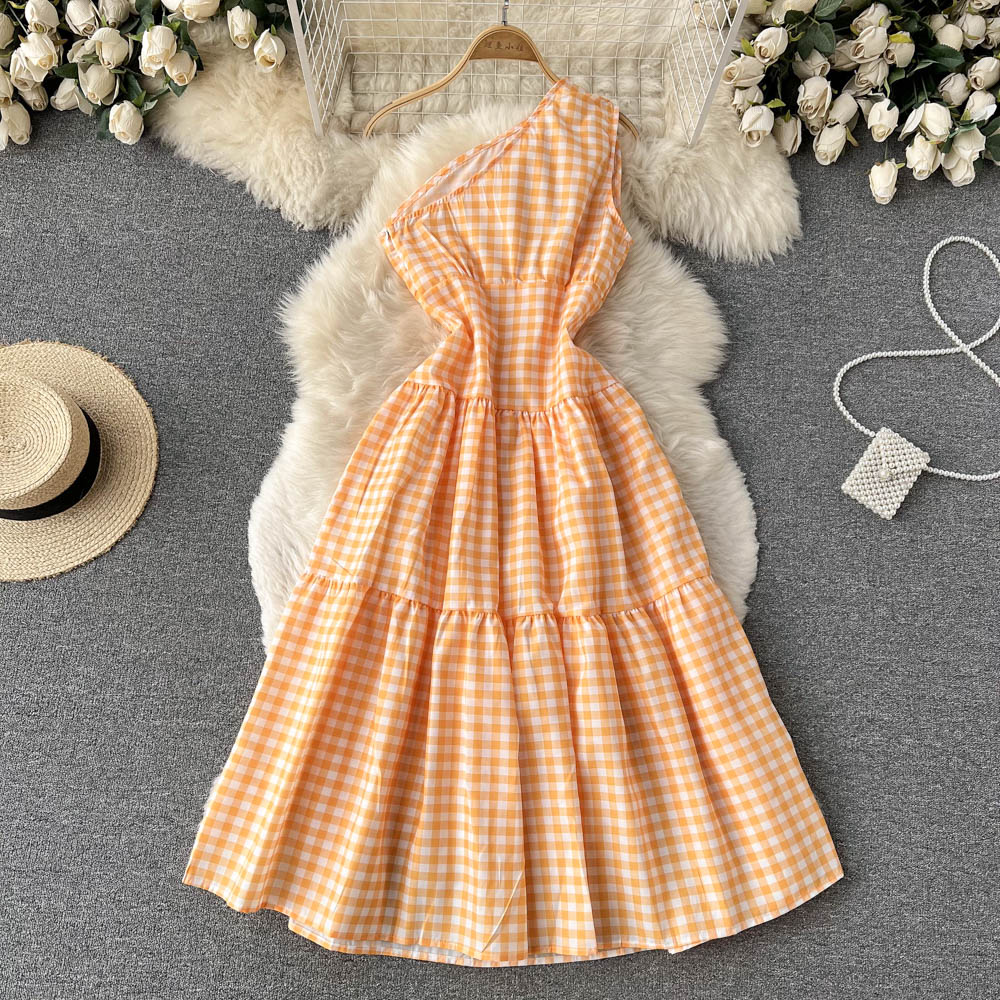 Sweet plaid one-shoulder dress A line fashion dresses     S457