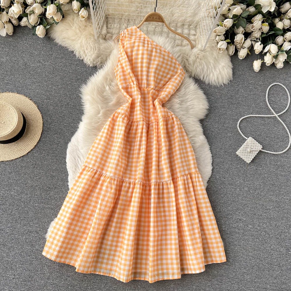 Sweet plaid one-shoulder dress A line fashion dresses     S457