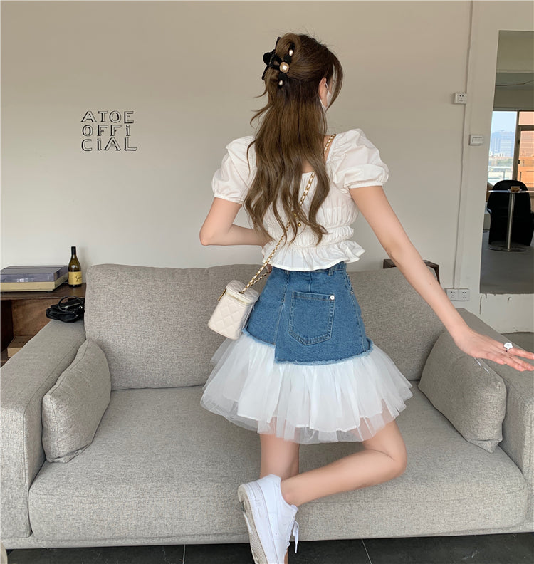 Cute denim patchwork skirt A line skirt    S354