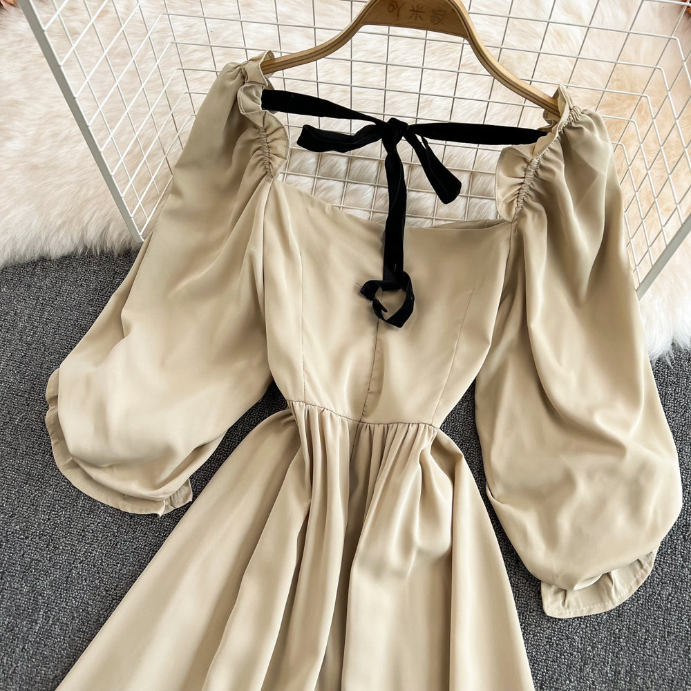 Cute bow puff sleeve dress     S246