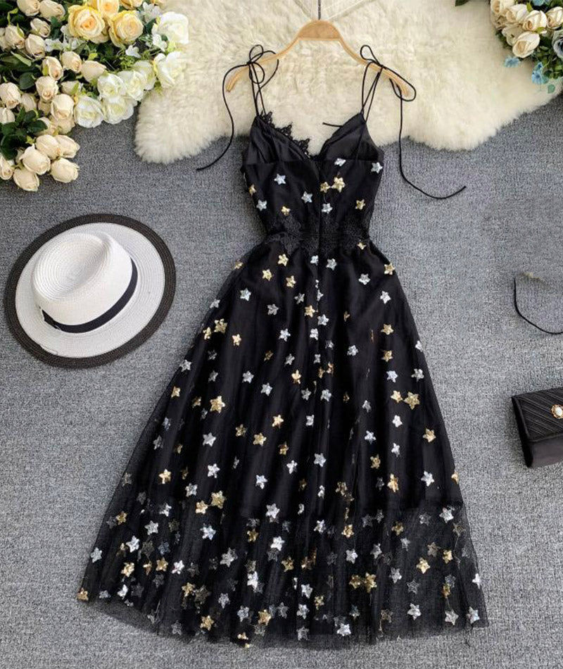 Black v neck tulle lace dress with stars sequins  S16