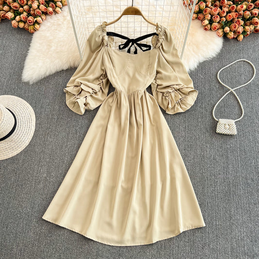 Cute bow puff sleeve dress     S246