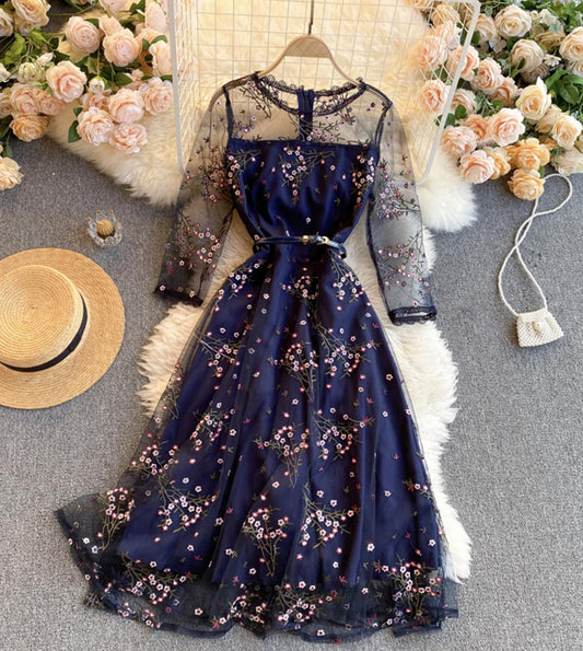 Blue lace short A line dress fashion girl dress    S101