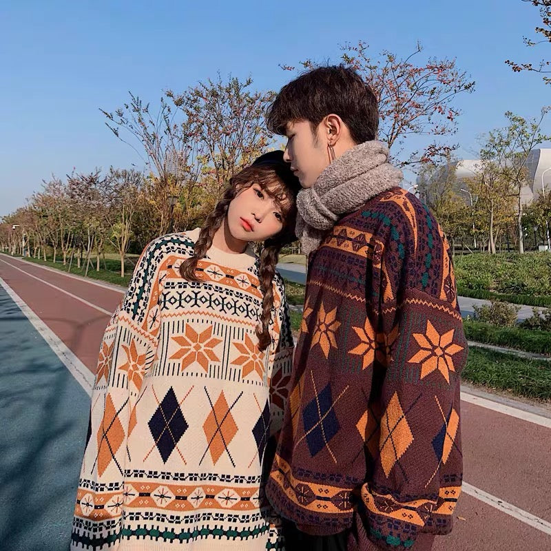 Cute round neck diamond long-sleeved sweater Couple sweater     S256