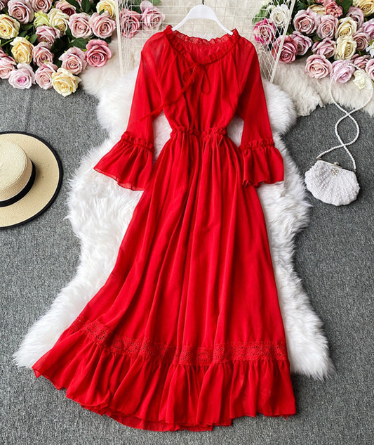 Red A line chiffon dress fashion girl dress    S129