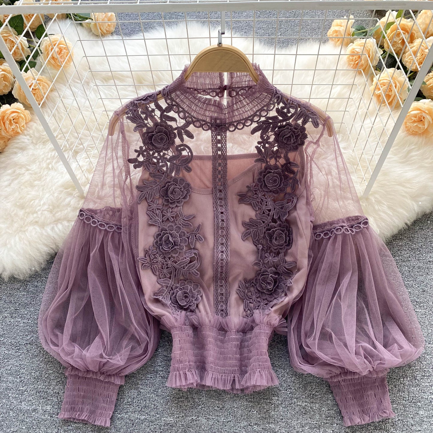 Lovely lace applique long sleeve top     S592