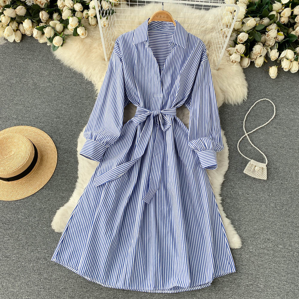 Simple striped long sleeve shirt dress   S244