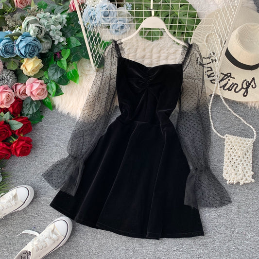 Black velvet short dress black fashion dress  S39