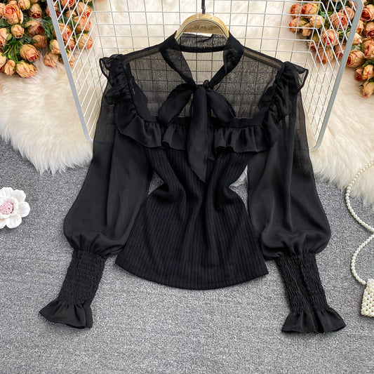 Cute chiffon long sleeve tops see through tops     S81