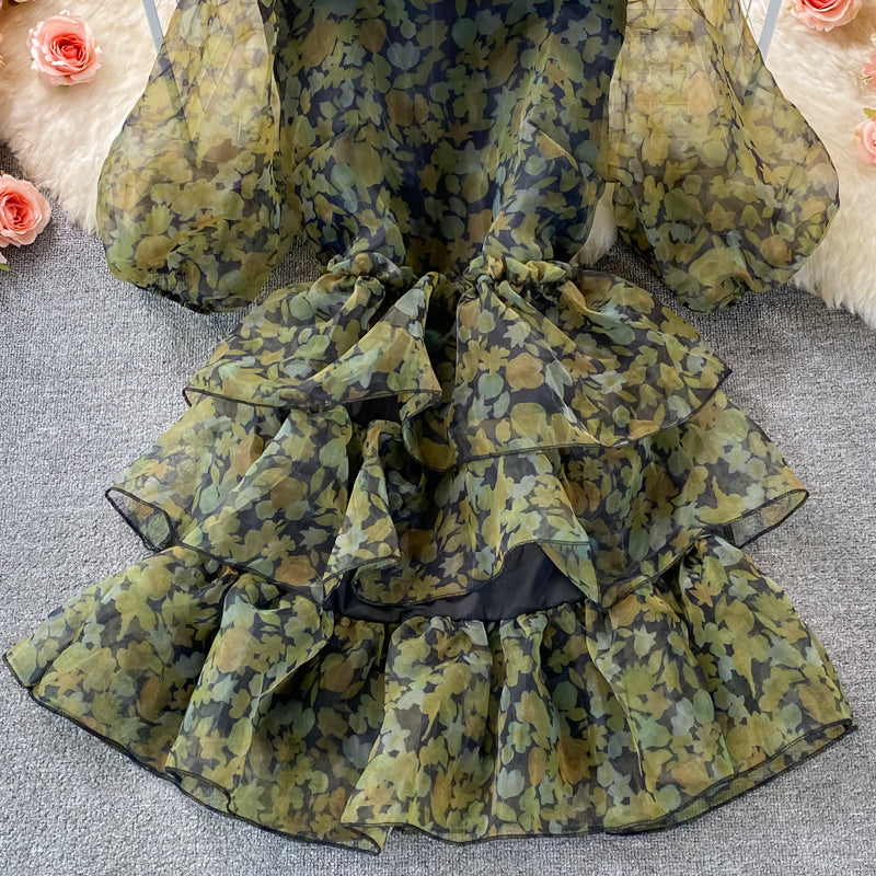 Cute tulle floral short dress green fashion dress    S240