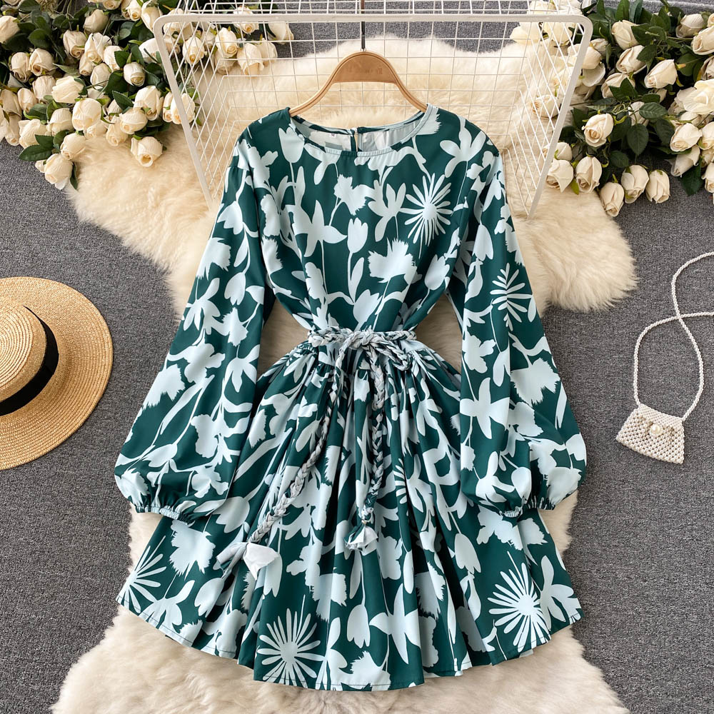 Sweater A line floral dress A line long sleeve fashion dress    S55