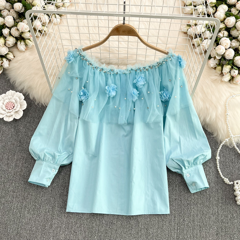 Cute applique beads long sleeve tops fashion girl tops     S399