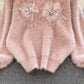 High-end three-dimensional beaded flower V-neck sweater retro knit sweater top    S595