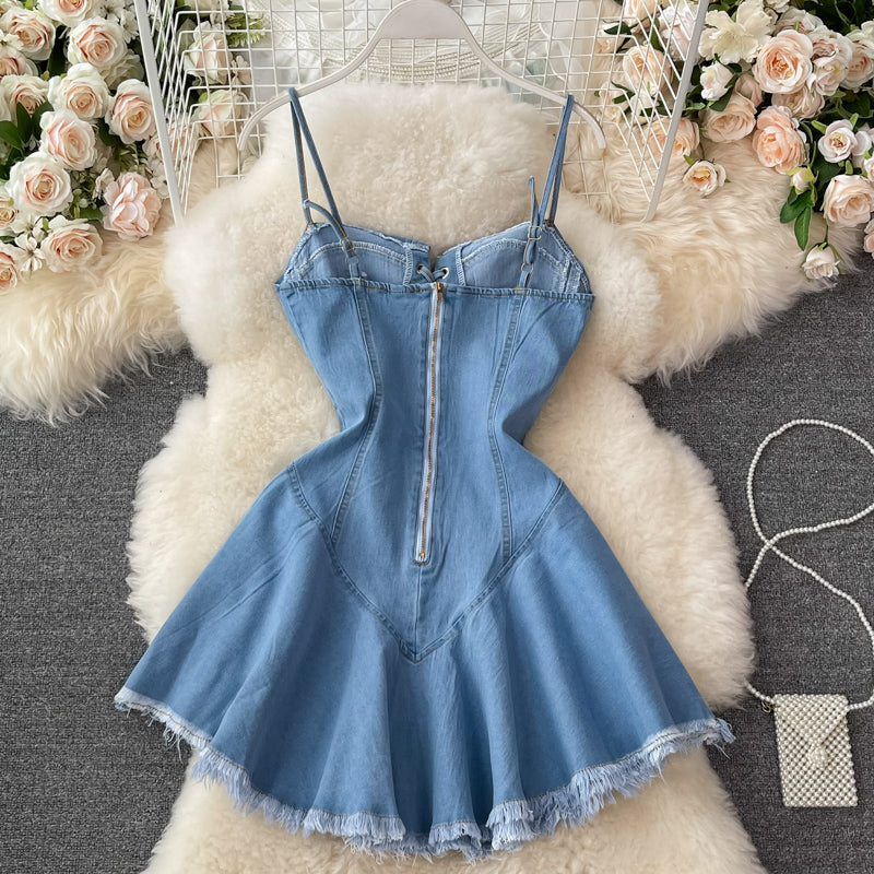 Cute lace-up denim dress A line fashion dress      S505