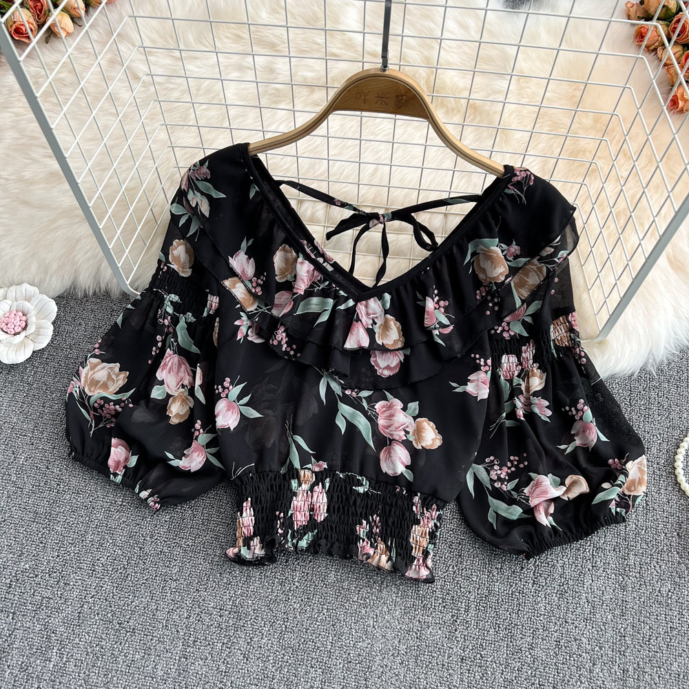 Cute v neck chiffon tops crop tops  S512