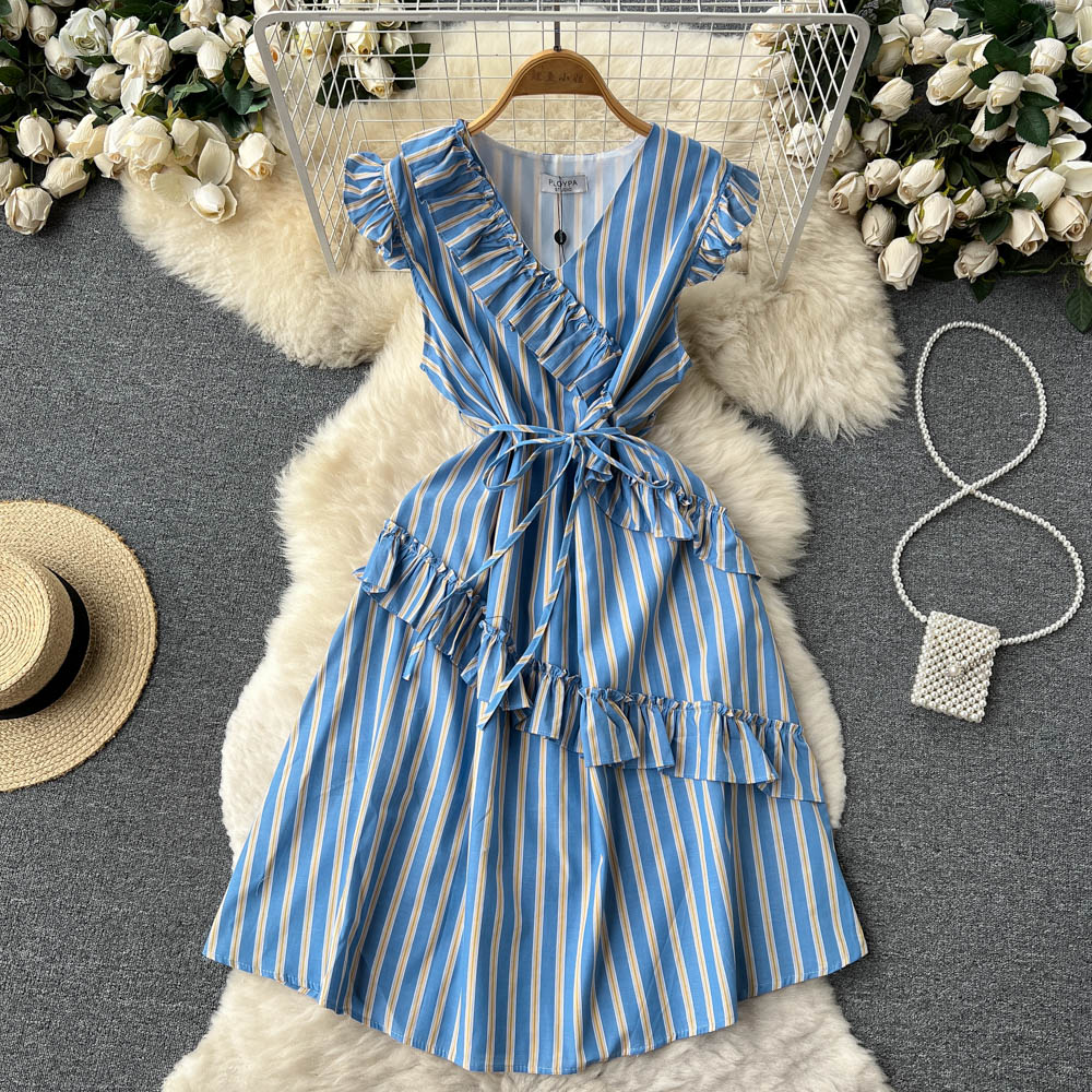 Cute V -neckline striped short dress  S325