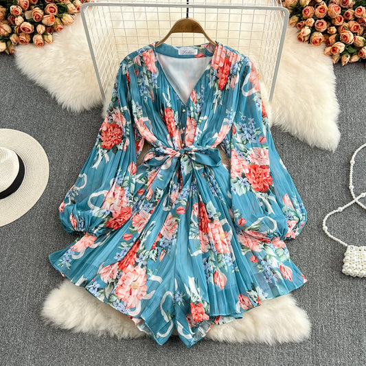 Cute v neck floral long sleeve jumpsuit fashion jumpsuit     S202