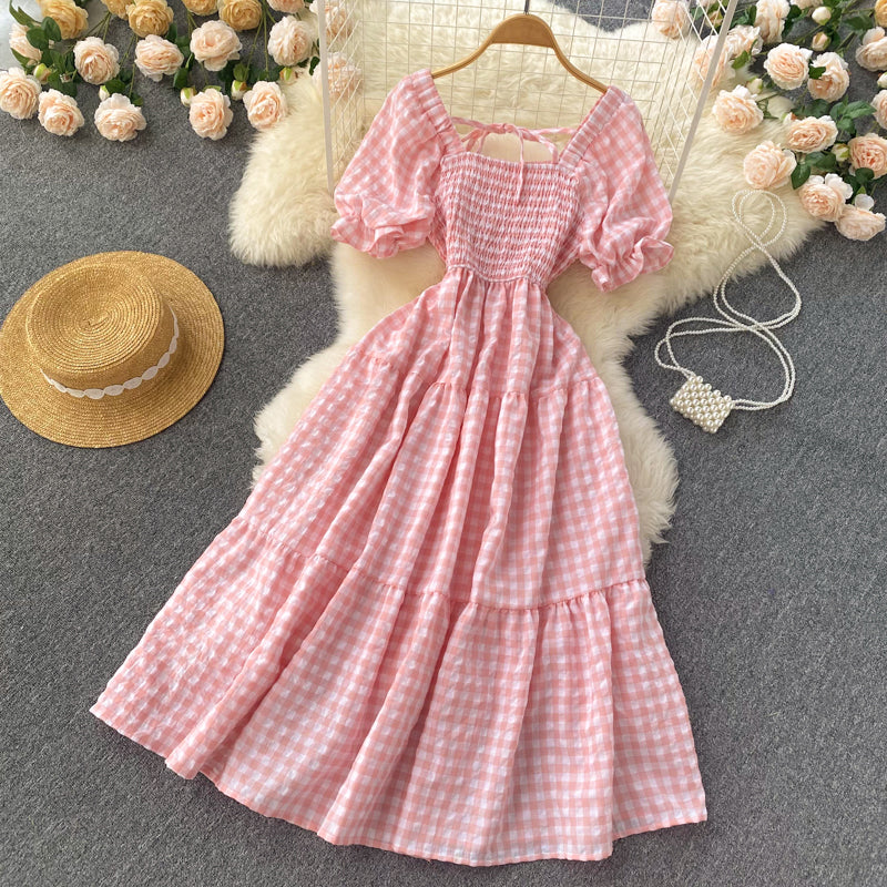 Sweet Plaid Short Sleeve Dress A line Fahion Dress    S460