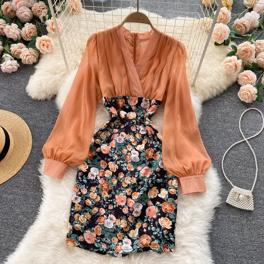 Elegant tulle floral dress long sleeve fashion dress   S18