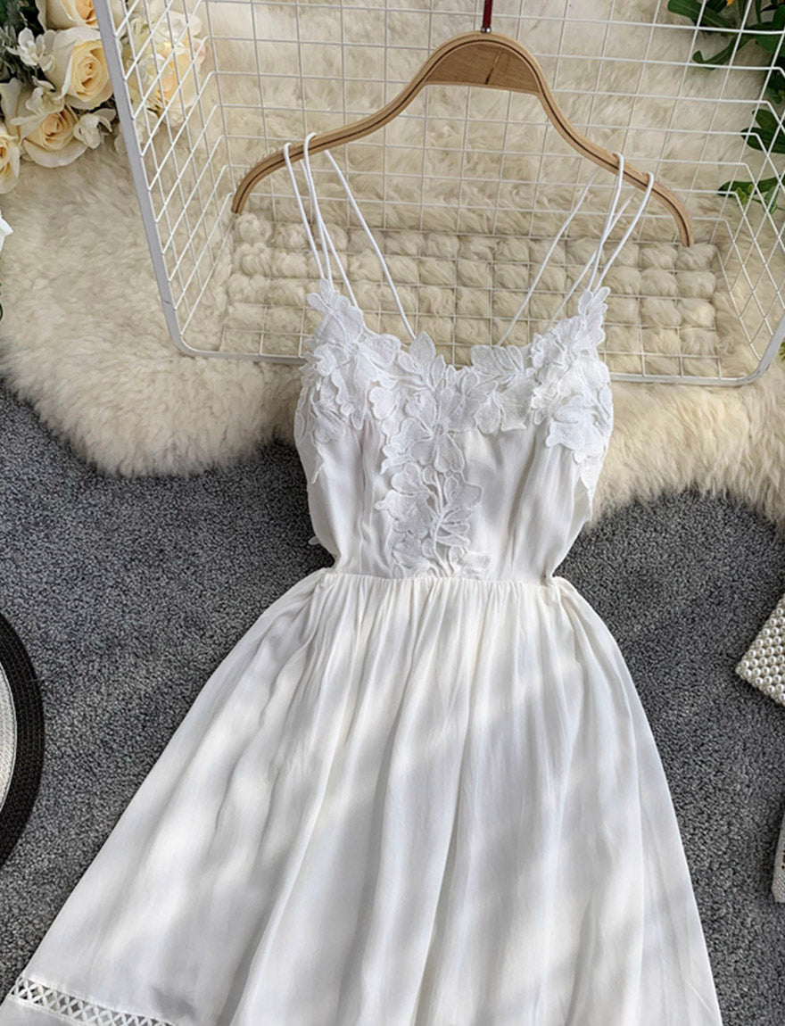 White lace applique backless dress girl dress   S72