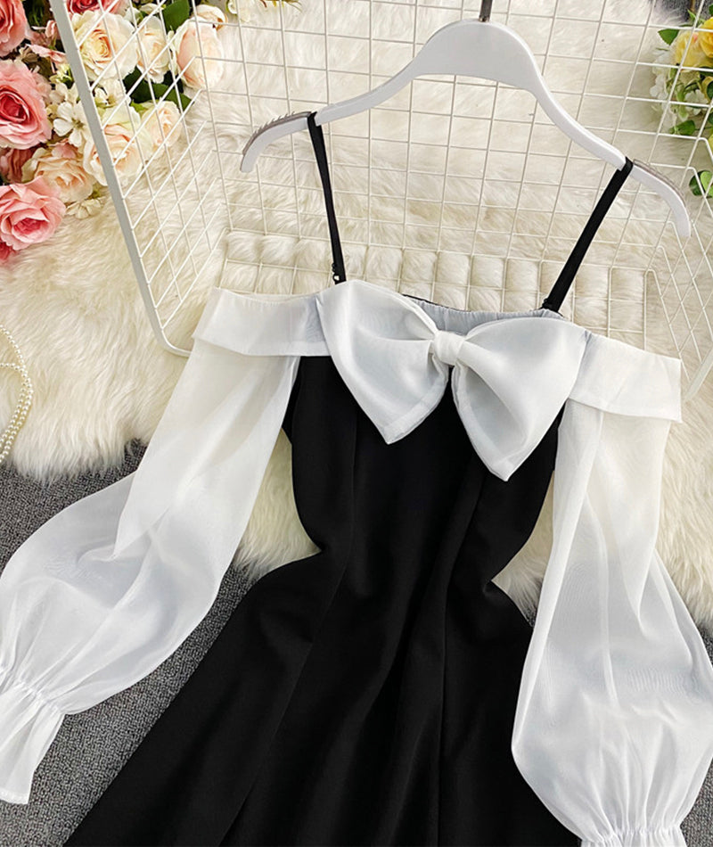 Cute bow short dress long sleeve dress   S47