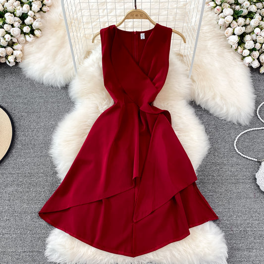 Red v neck irregular dress    S416