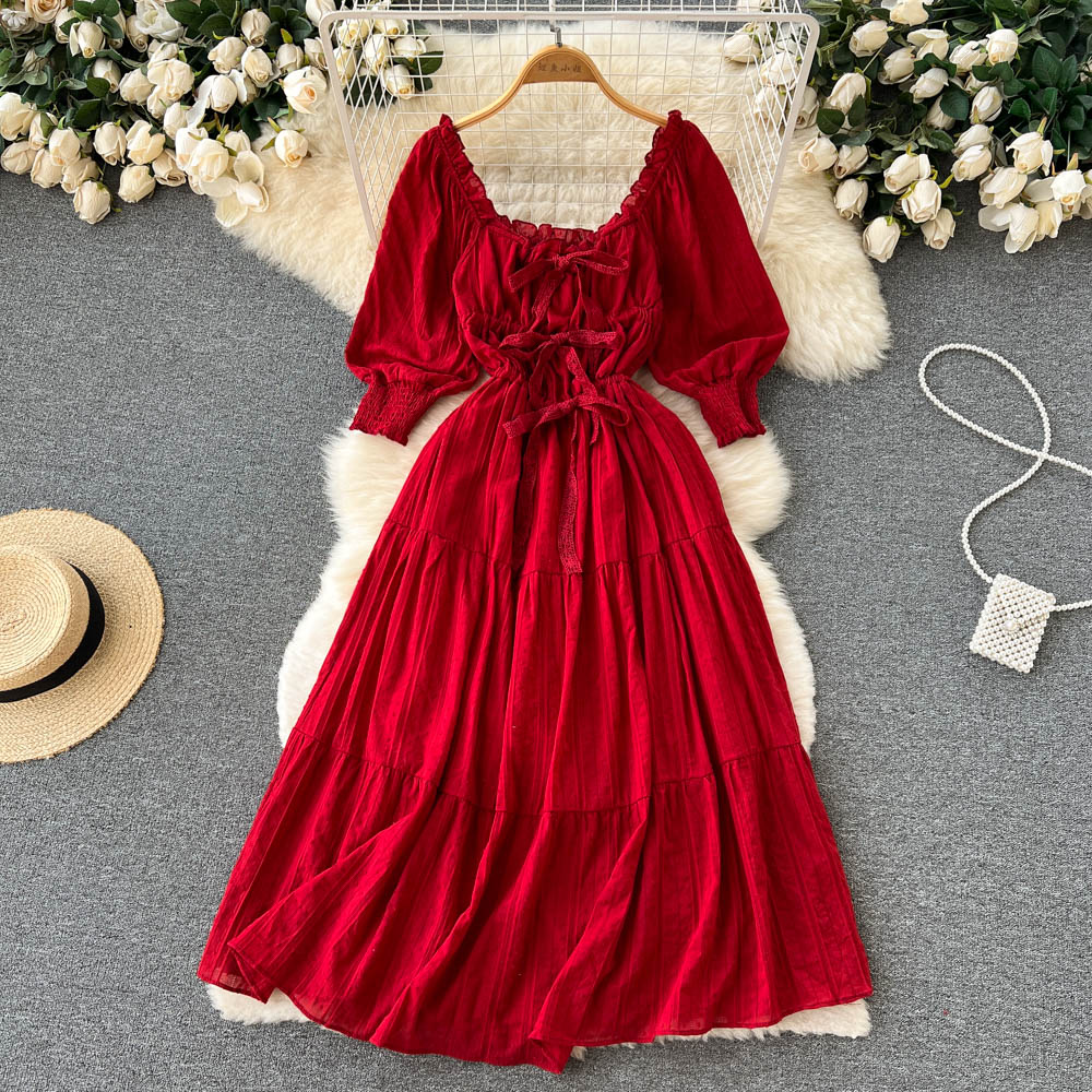 Red A line long sleeve dress fashion dress     S155