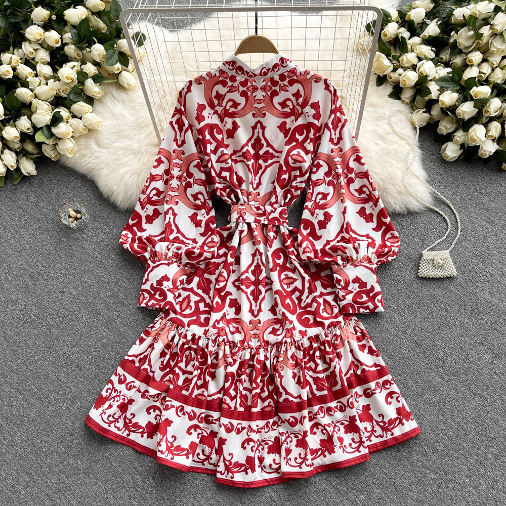 Stylish Printed Pattern Long Sleeve Dress     S225