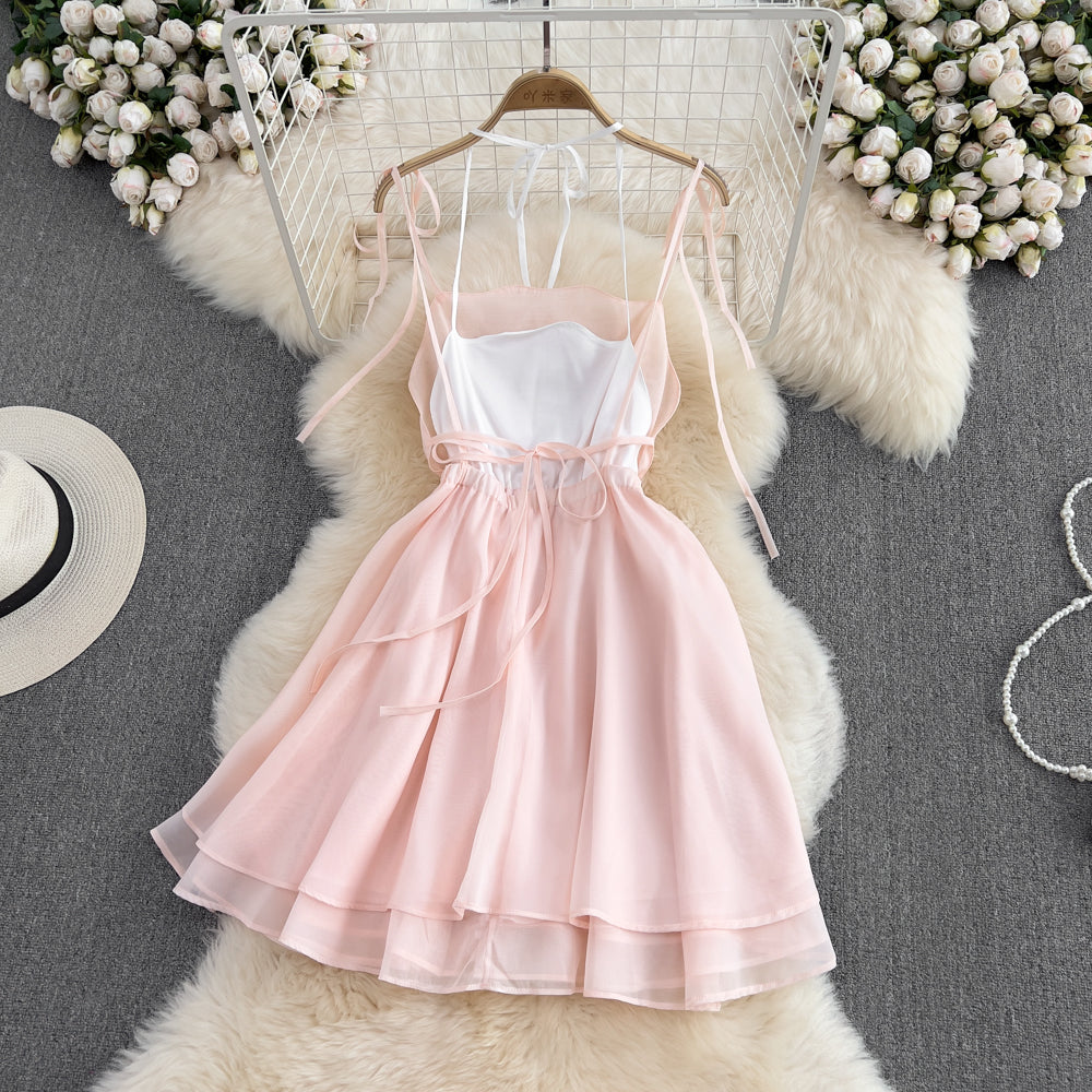 Pink tulle short backless dress fashion girl dress    S335