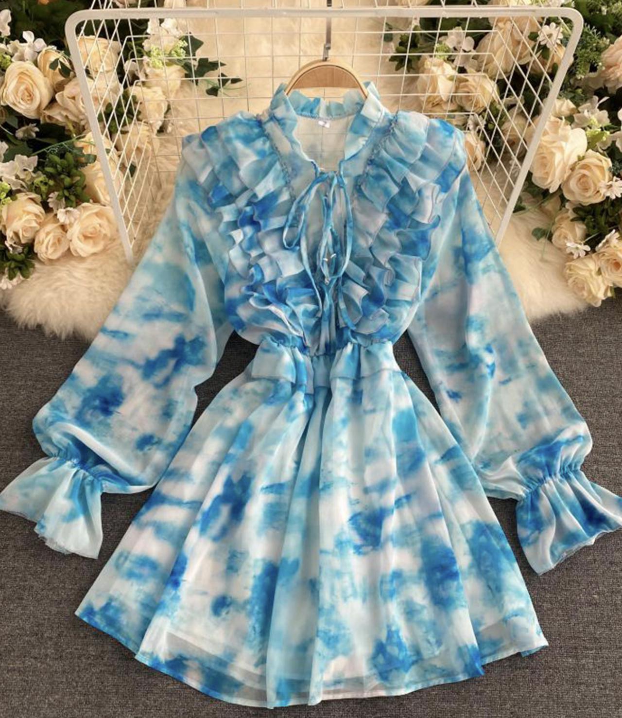 Blue A line long sleeve dress fashion dress   S13