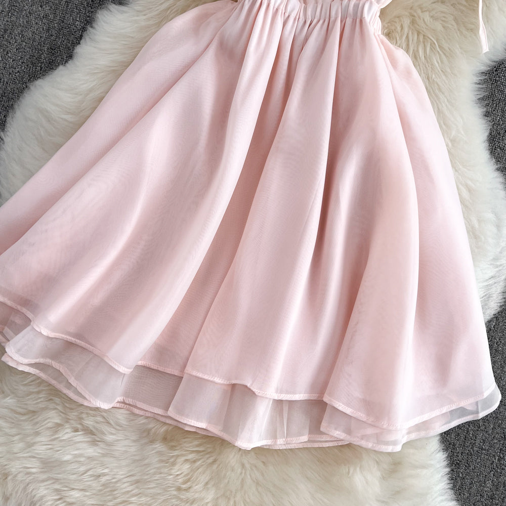 Pink tulle short backless dress fashion girl dress    S335