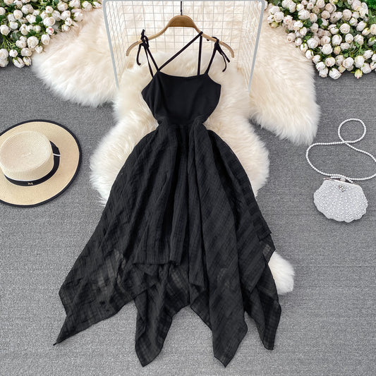 Black irregular backless dress A line fashion dress    S463