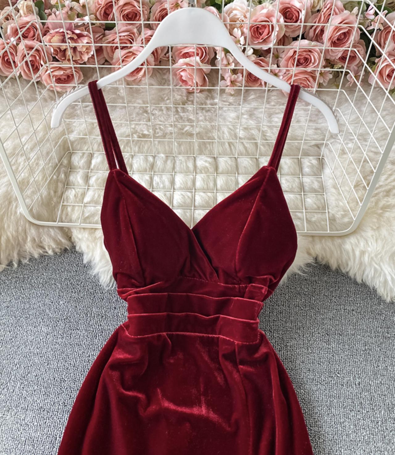 Burgundy velvet long dress  S27